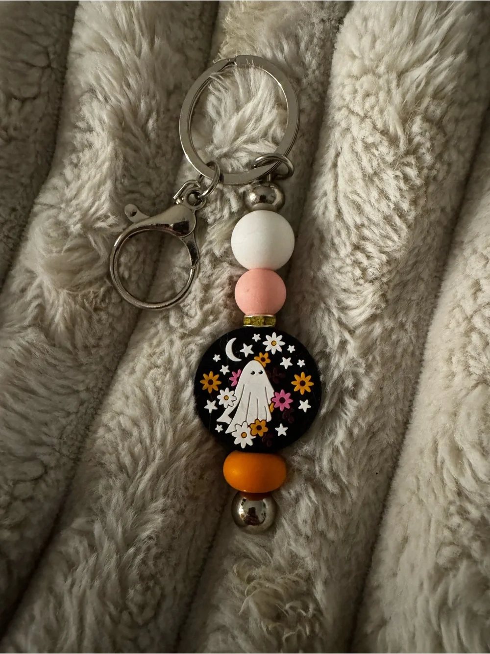 Handmade Black Floral Ghost Keychain with Pink, White & Orange Beads
